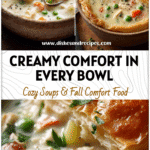 Bowl of creamy Chicken Pot Pie Soup with vegetables and herbs served in a rustic dish.